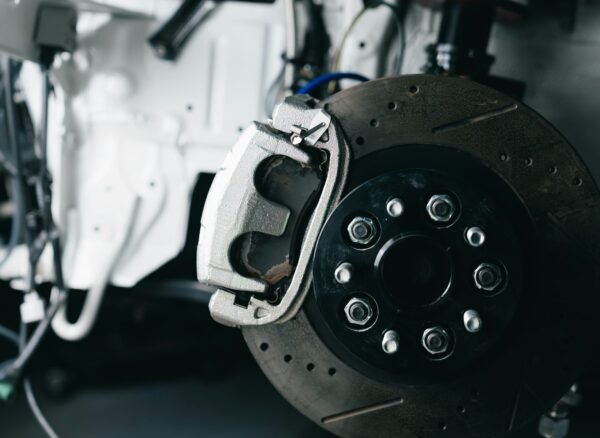 Close-up of a performance brake rotor and caliper